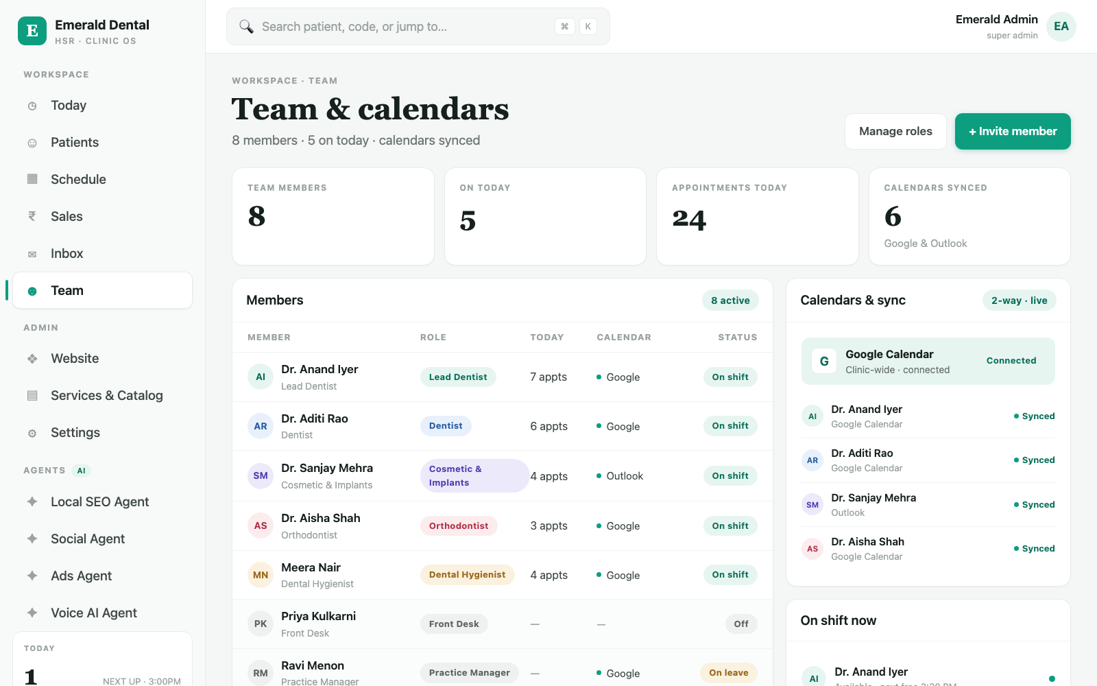 Dental OS — Team & calendars: members, roles and Google Calendar sync