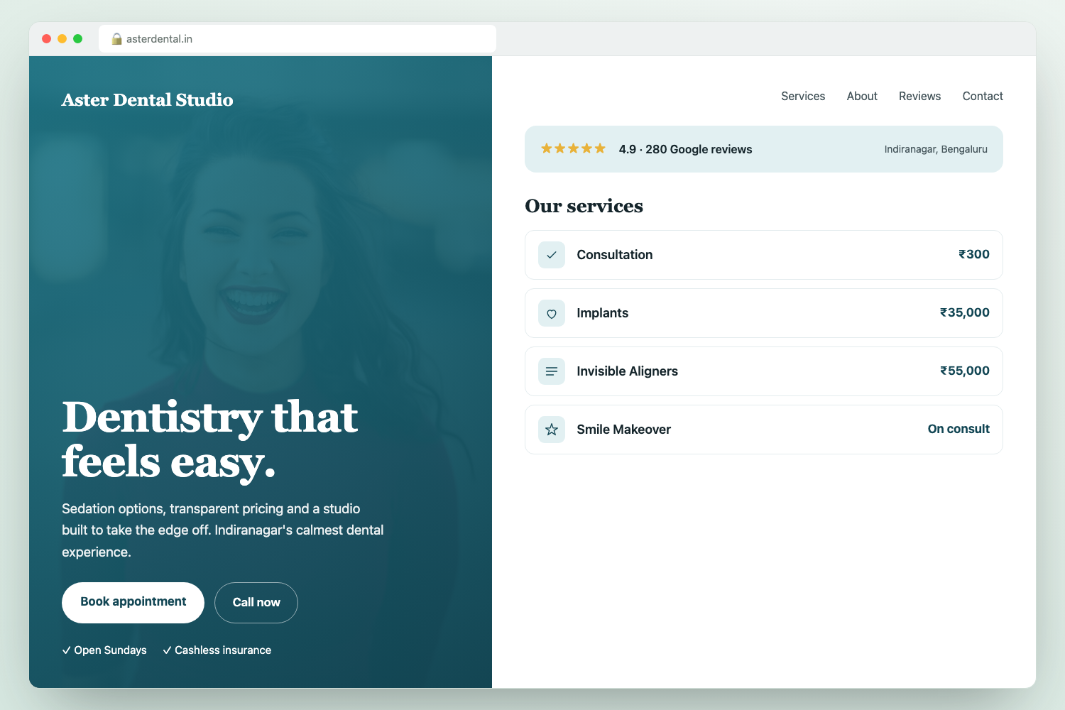 Premium dental website template — Aster Dental Studio